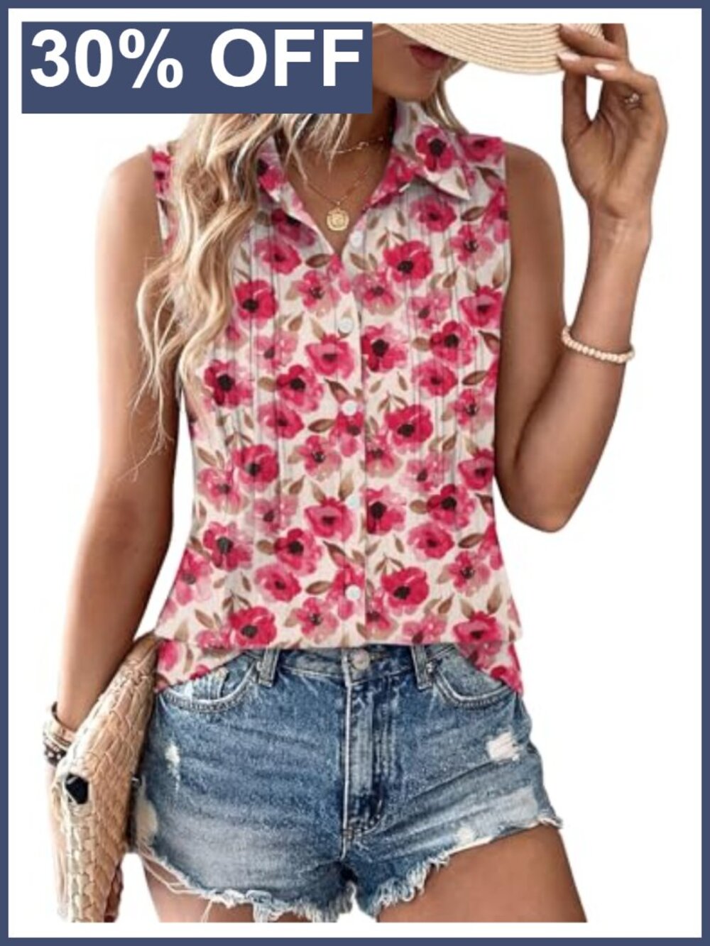 Sleeveless Button Down Blouse Pleated Front Office Tank Top